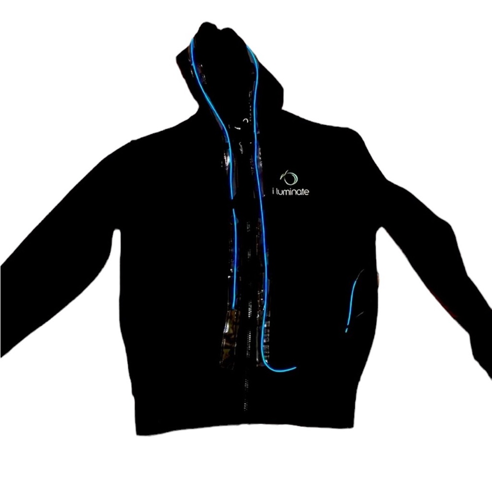 i luminate black zip up hoodie with bright blue light. Size M. EUC